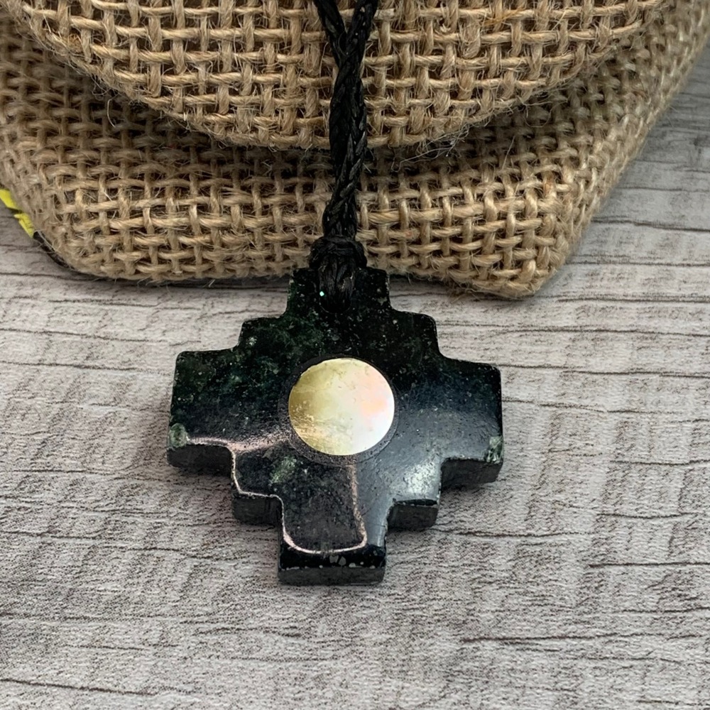 Chakana Inca Cross Stone Pendant Necklace Mother of Pearl Inlay Green 18in